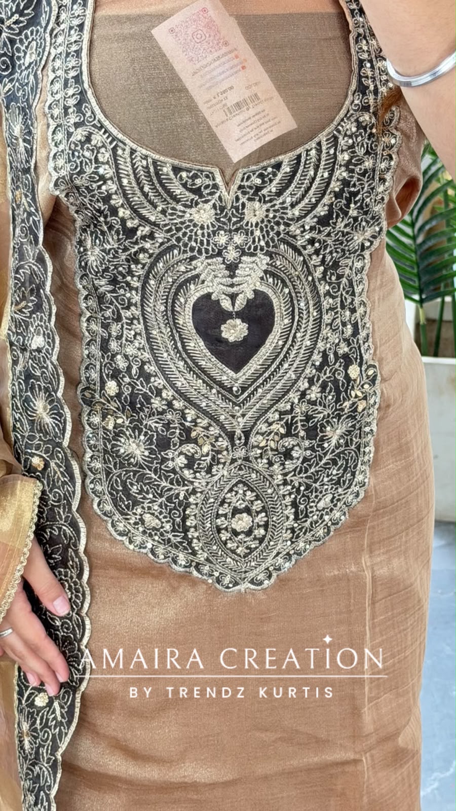 Premium Tissue Fabric Golden Colour Zari Patch Work Pattern Unstitch Suit