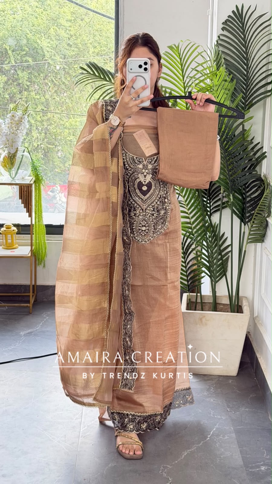 Premium Tissue Fabric Golden Colour Zari Patch Work Pattern Unstitch Suit