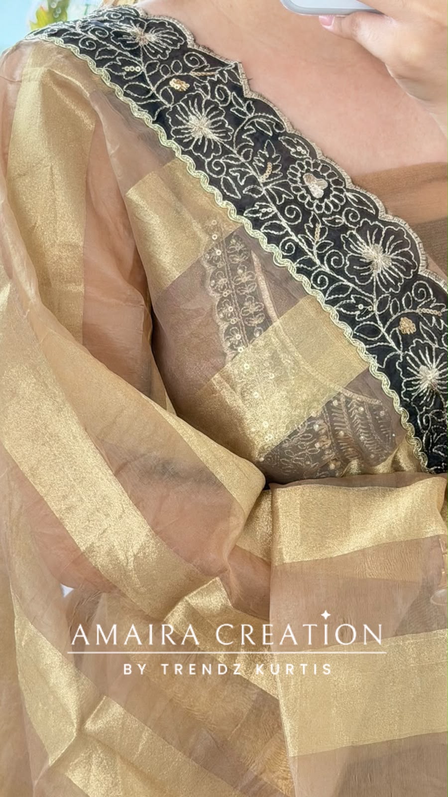 Premium Tissue Fabric Golden Colour Zari Patch Work Pattern Unstitch Suit