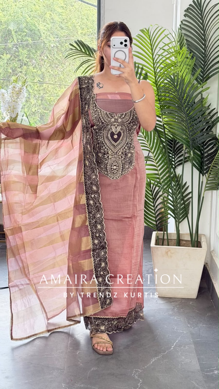Premium Tissue Fabric Onion Colour Zari Patch Work Pattern Unstitch Suit
