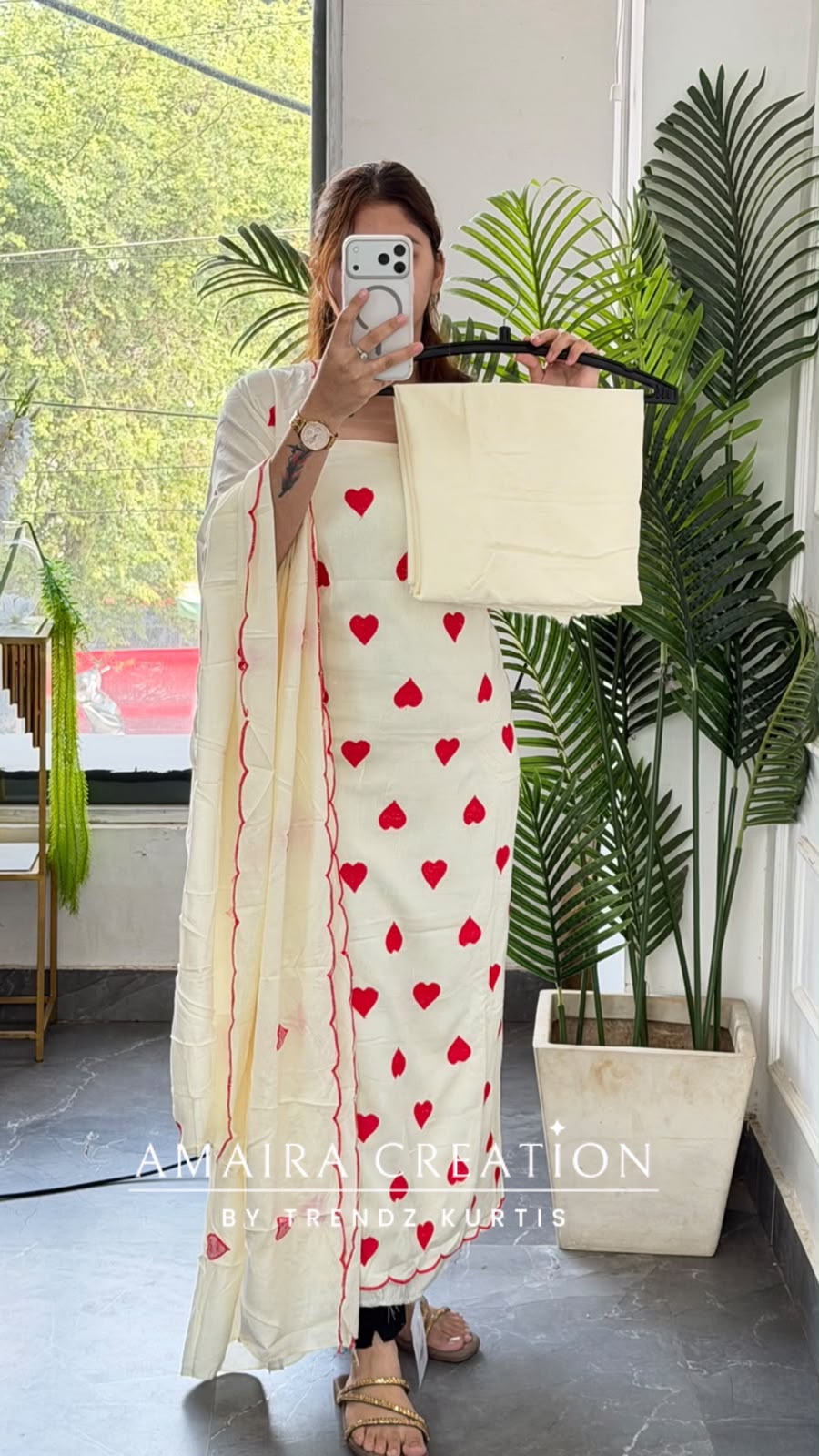Premium Reyon Cream Colour Brautiful Heart Shape Thread Embroidery Unstitch Suit