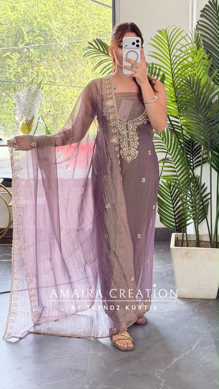 Premium Crush Tissue Mauve Colour Beautiful Work Detailing Unstitch Suit Top