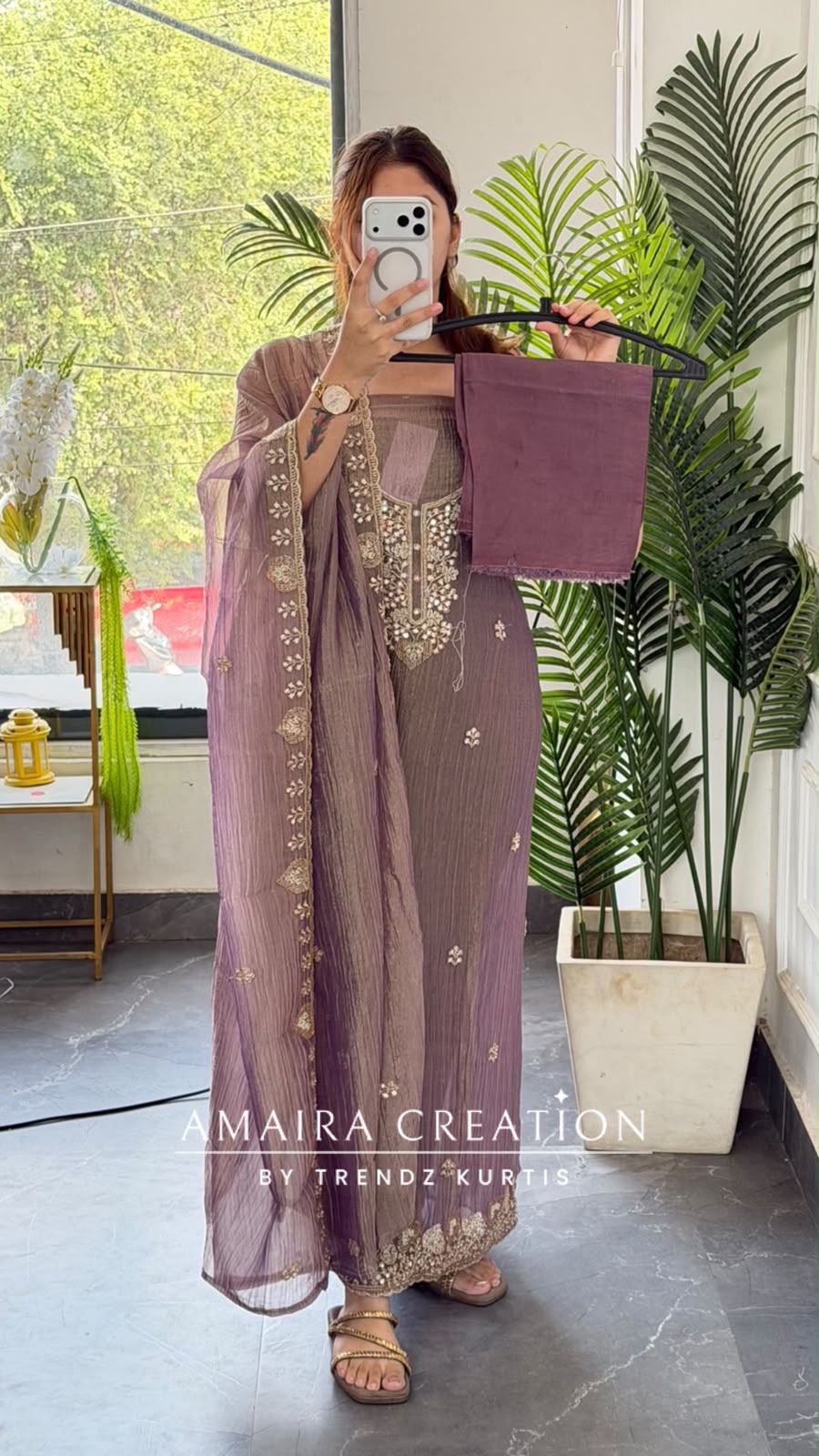 Premium Crush Tissue Mauve Colour Beautiful Work Detailing Unstitch Suit Top
