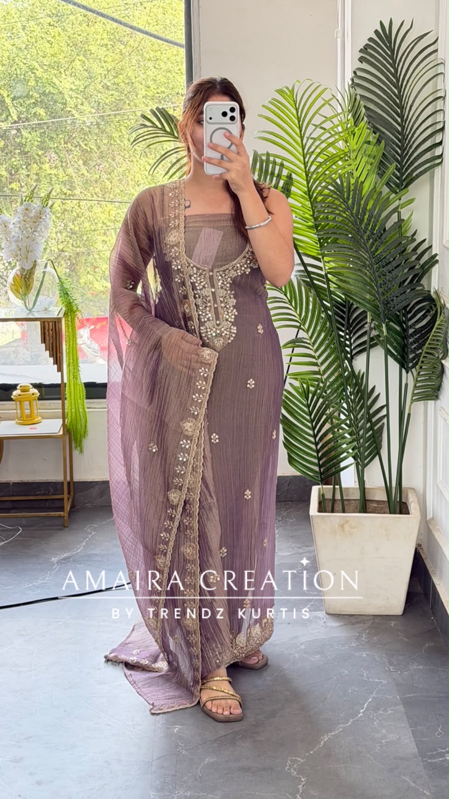 Premium Crush Tissue Mauve Colour Beautiful Work Detailing Unstitch Suit Top