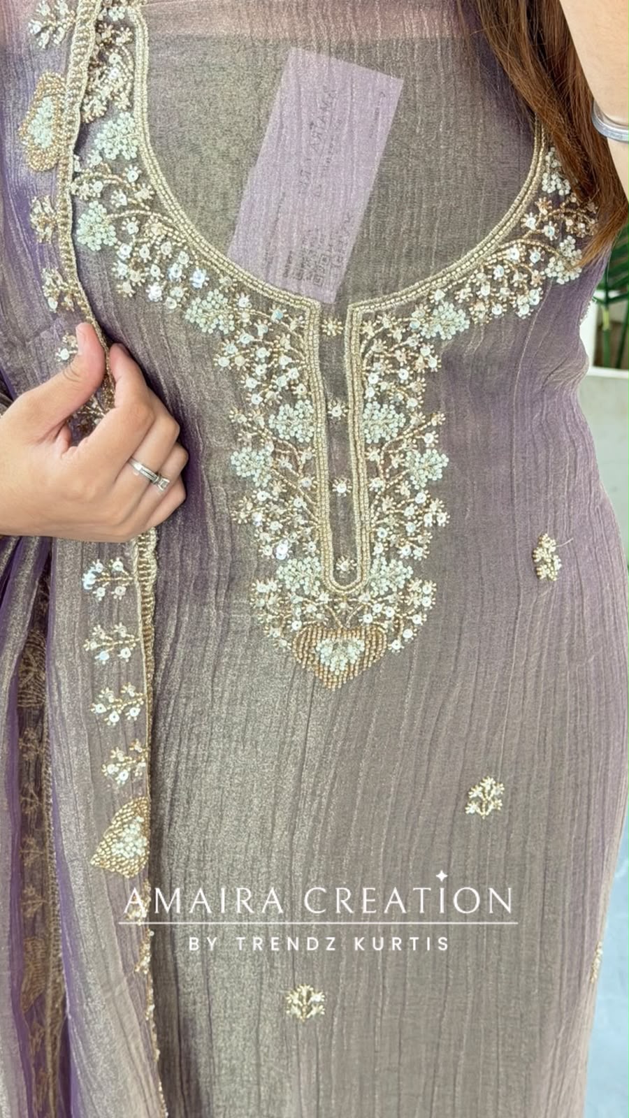 Premium Crush Tissue Mauve Colour Beautiful Work Detailing Unstitch Suit Top