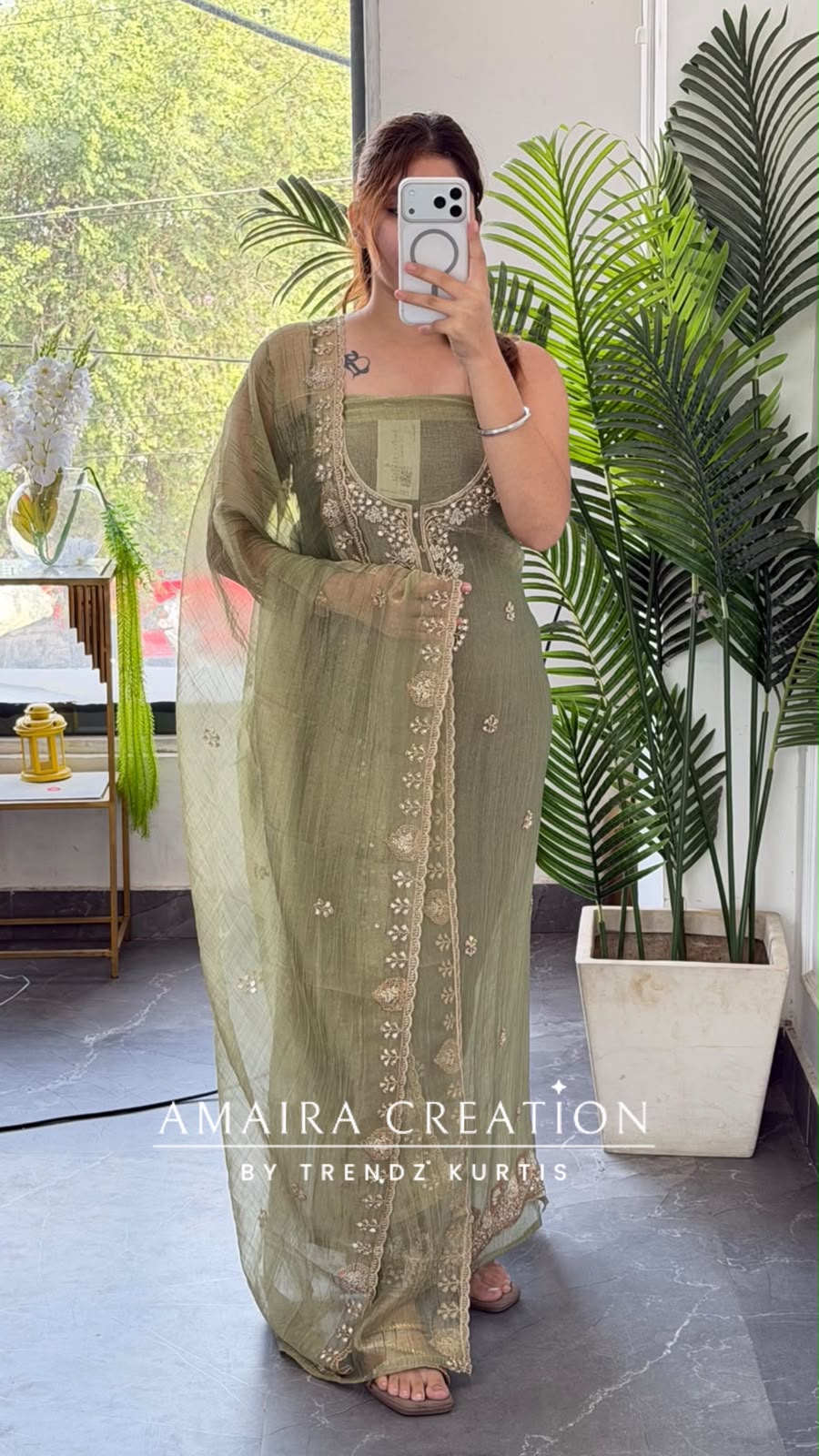 Premium Crush Tissue Green Colour Beautiful Work Detailing Unstitch Suit Top