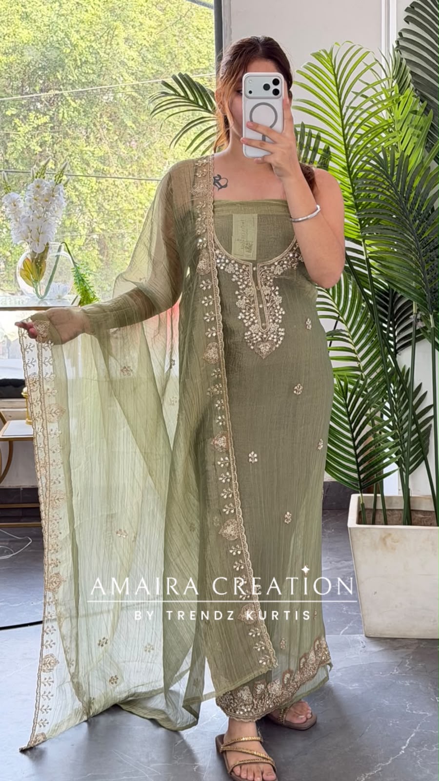 Premium Crush Tissue Green Colour Beautiful Work Detailing Unstitch Suit Top