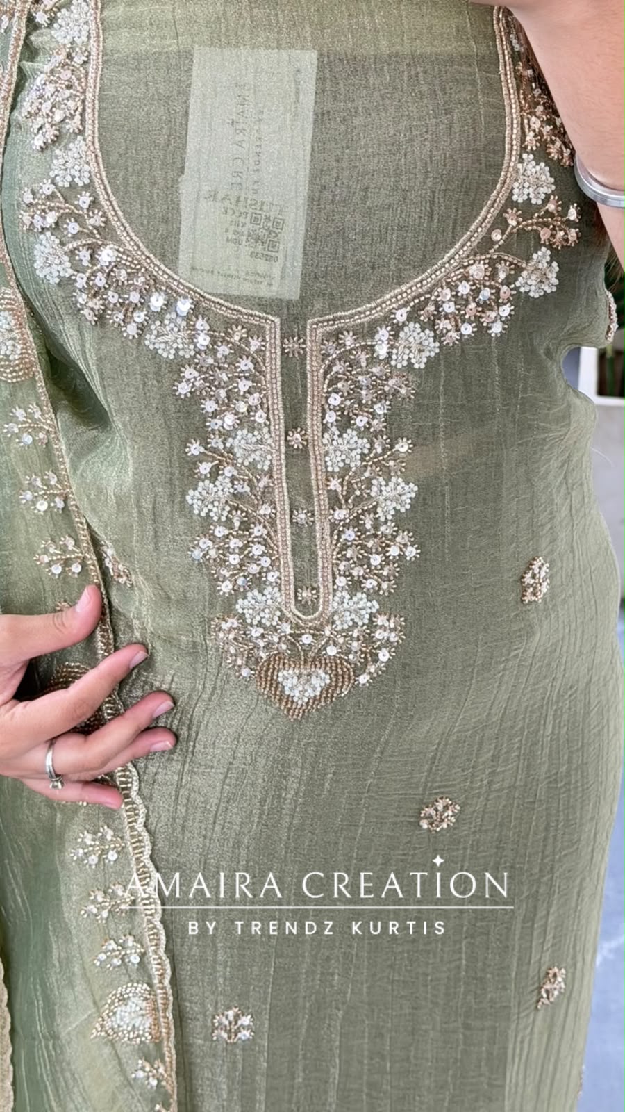Premium Crush Tissue Green Colour Beautiful Work Detailing Unstitch Suit Top