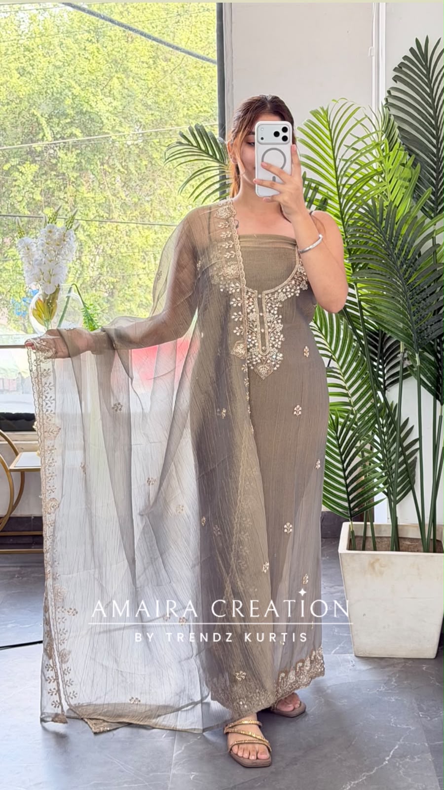 Premium Crush Tissue Grey Colour Beautiful Work Detailing Unstitch Suit Top