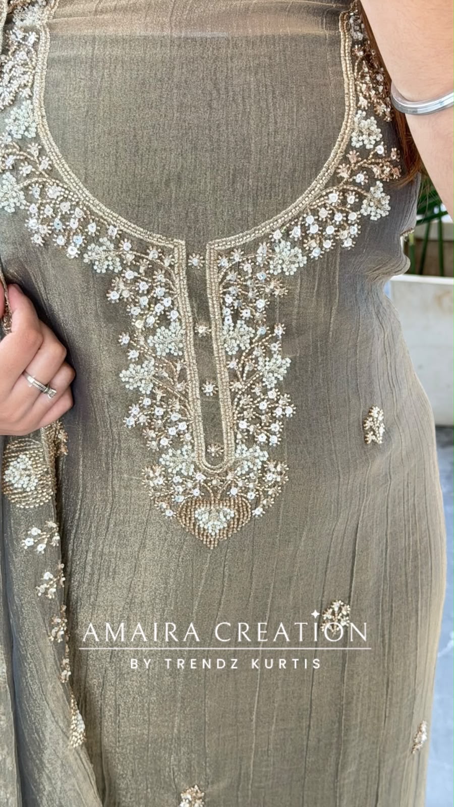 Premium Crush Tissue Grey Colour Beautiful Work Detailing Unstitch Suit Top
