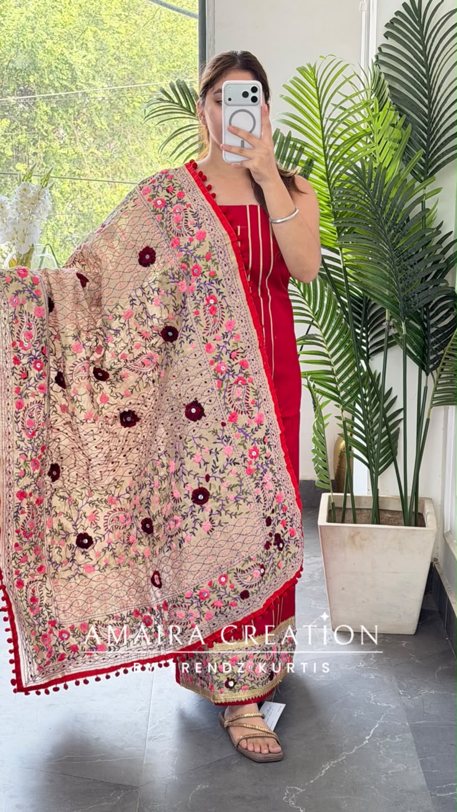 Premium Glaze Cotton Red Colour kanta Work Unstitch Suit