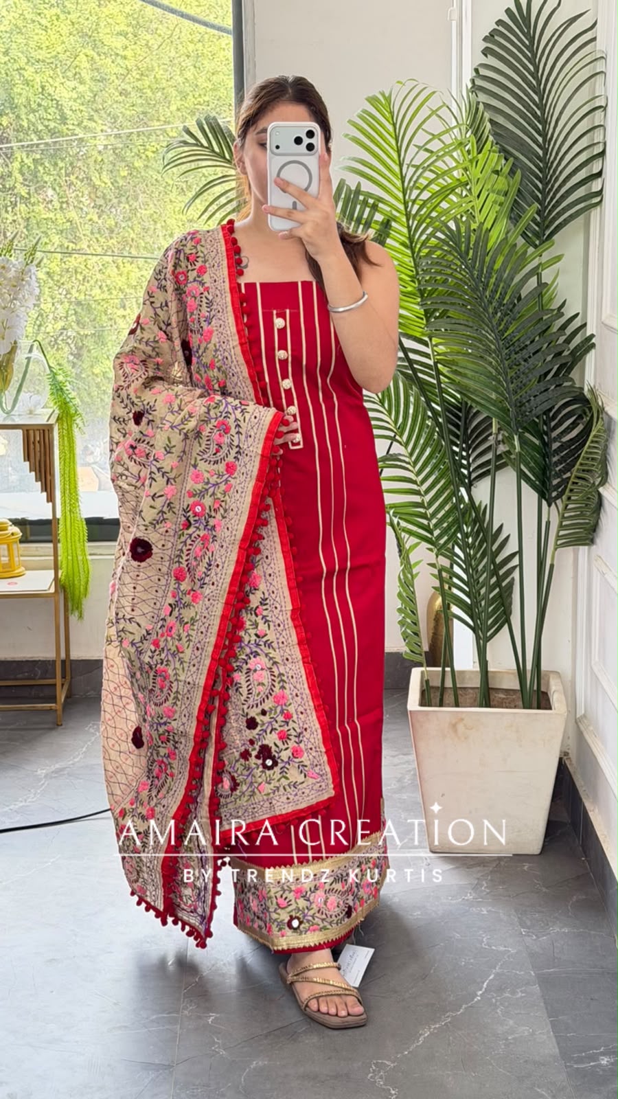 Premium Glaze Cotton Red Colour kanta Work Unstitch Suit
