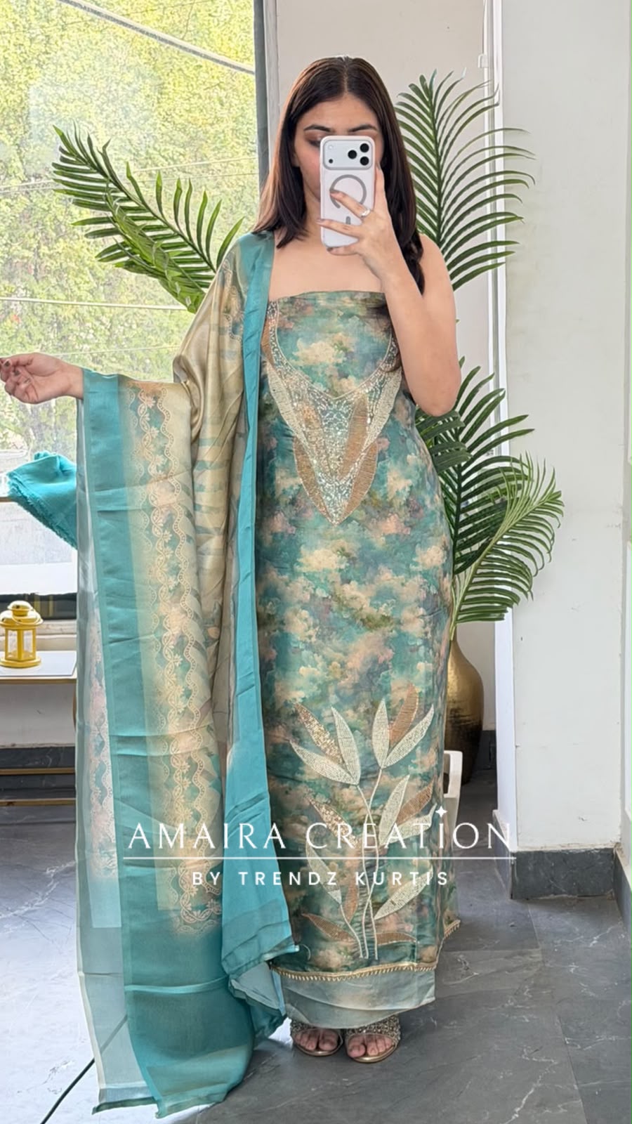 Premium Tissue Silk Sea Green Colour  WaterColor Effect Unstitched Suit