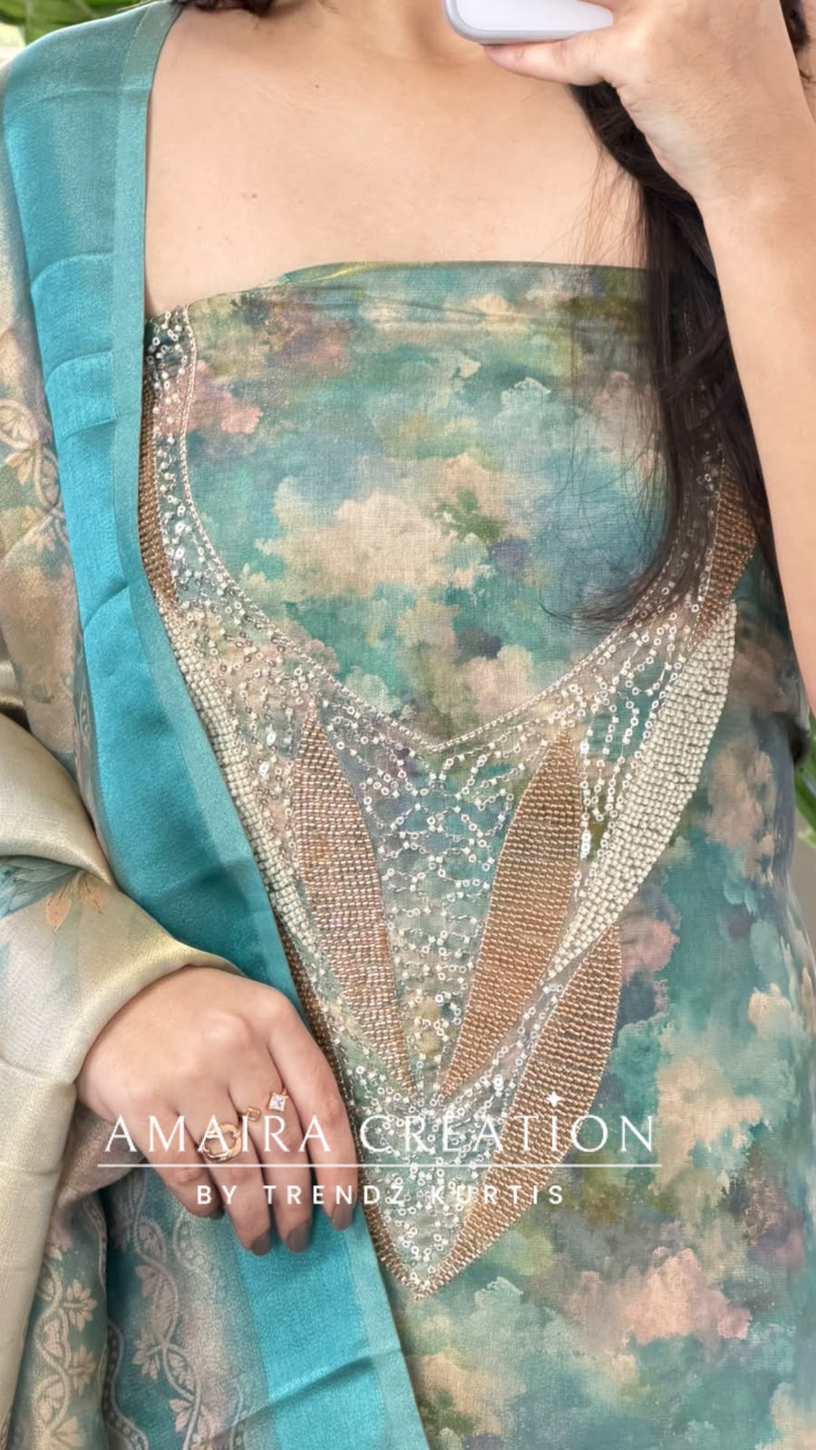 Premium Tissue Silk Sea Green Colour  WaterColor Effect Unstitched Suit