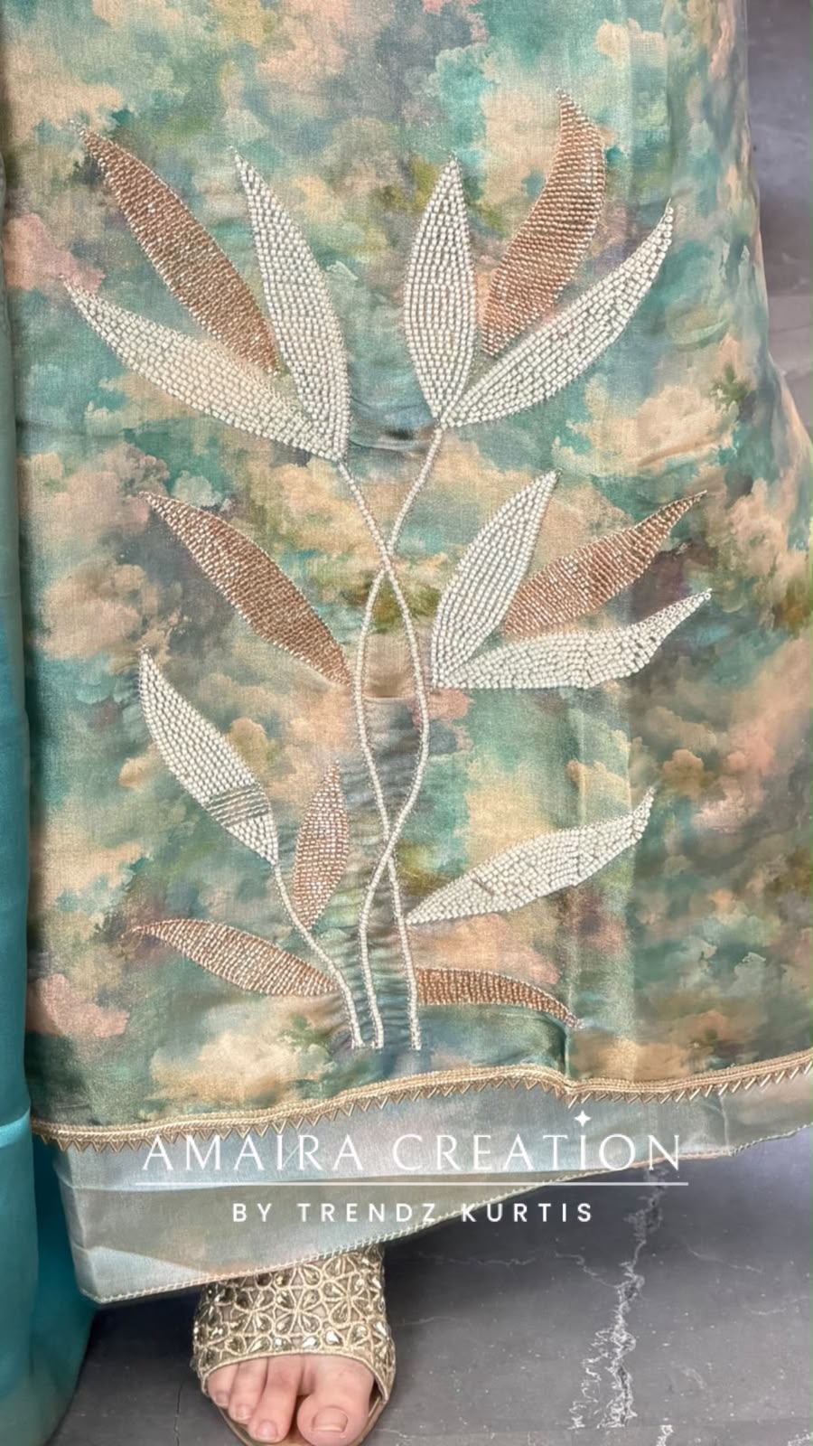 Premium Tissue Silk Sea Green Colour  WaterColor Effect Unstitched Suit
