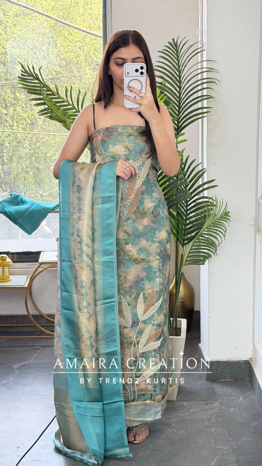 Premium Tissue Silk Sea Green Colour  WaterColor Effect Unstitched Suit