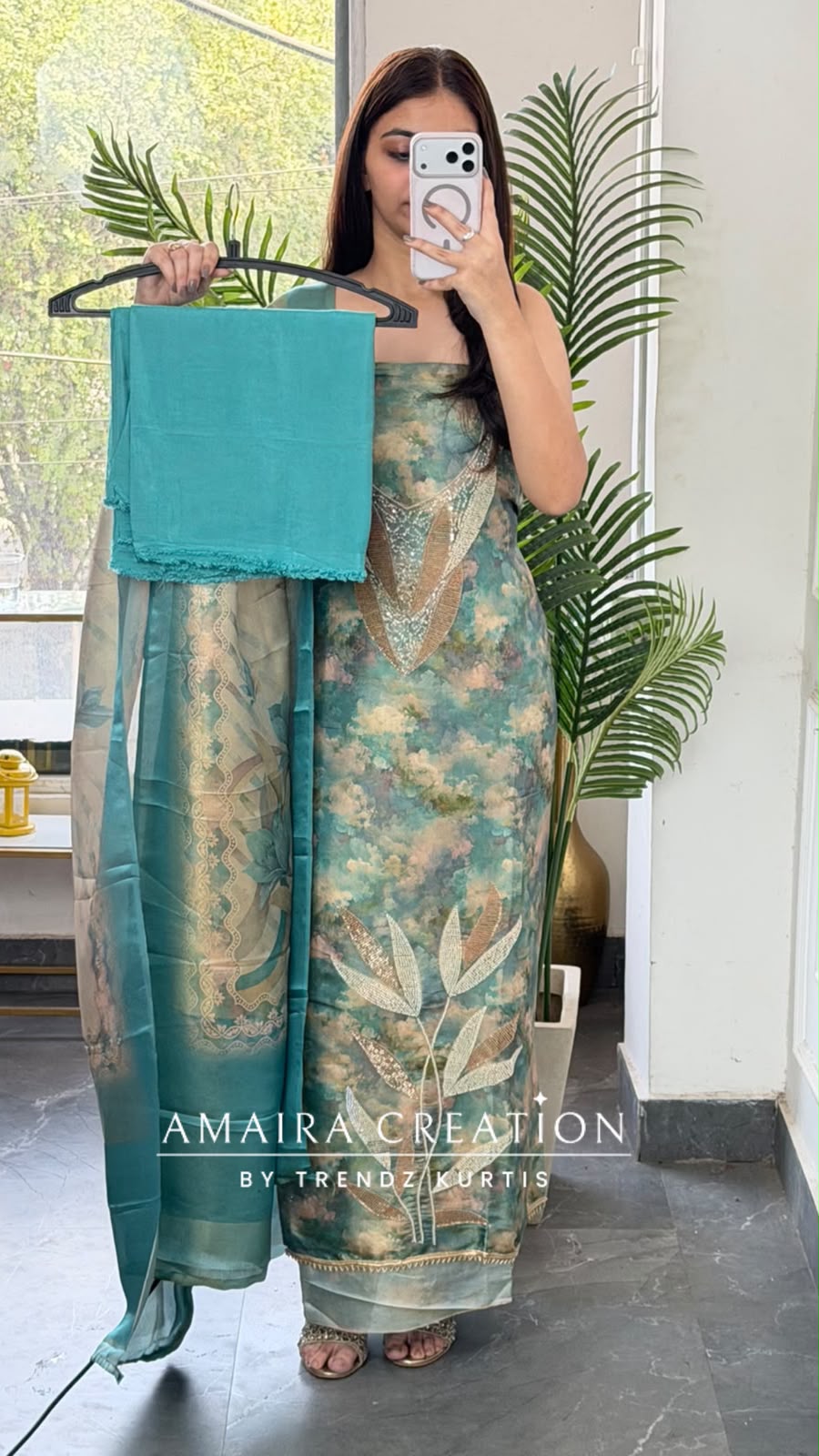 Premium Tissue Silk Sea Green Colour  WaterColor Effect Unstitched Suit