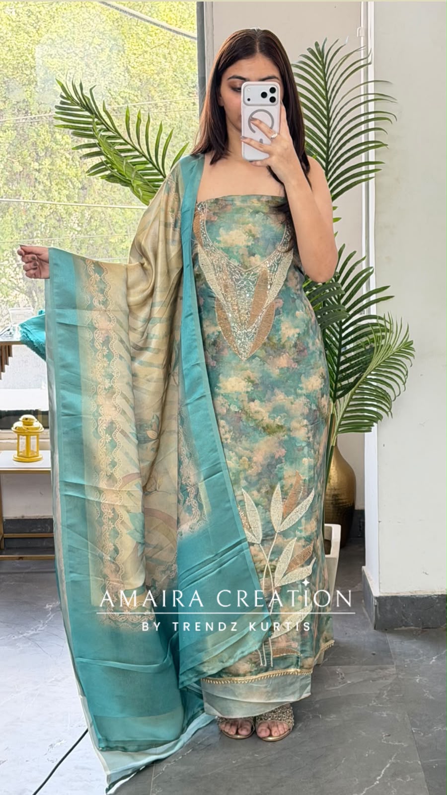 Premium Tissue Silk Sea Green Colour  WaterColor Effect Unstitched Suit
