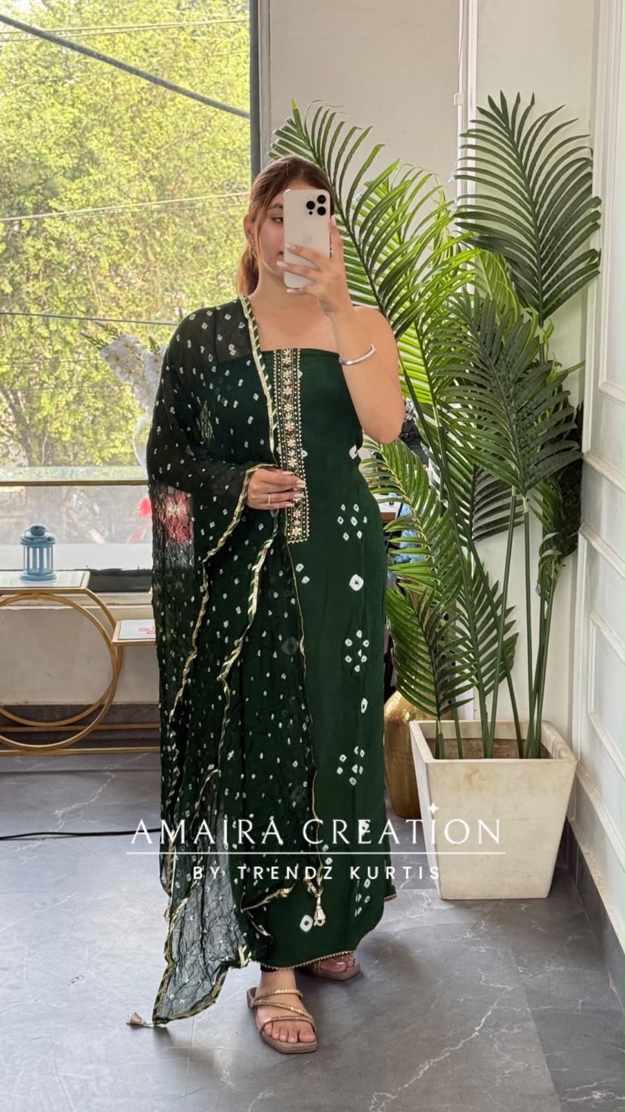 Premium Crepe Bottle Green Colour Bandhni Print Unstitched Suit