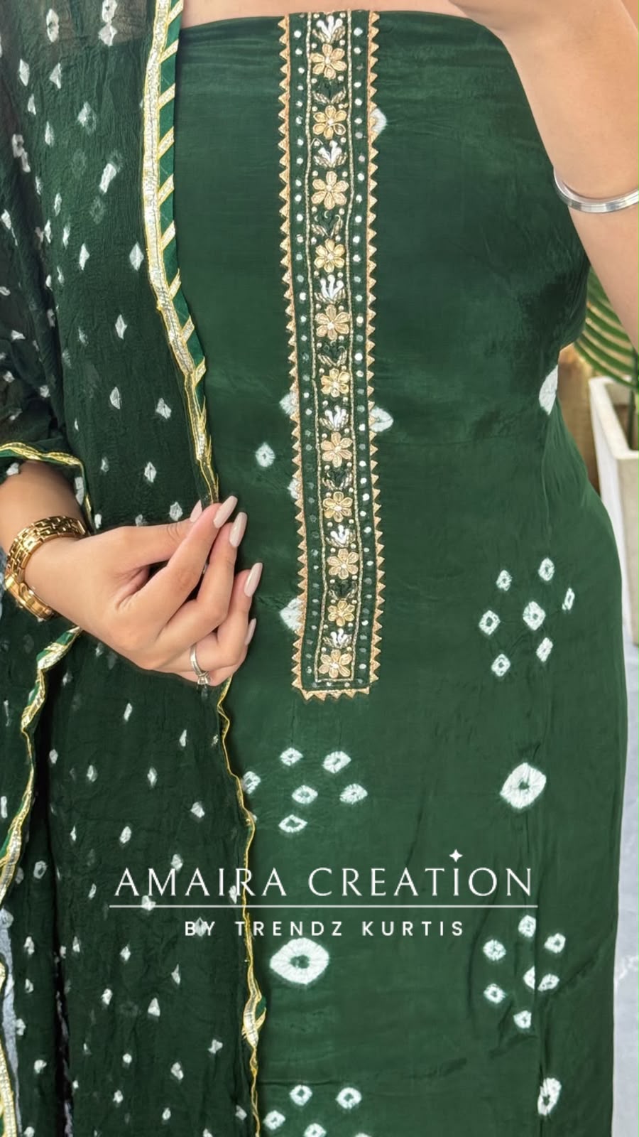 Premium Crepe Bottle Green Colour Bandhni Print Unstitched Suit