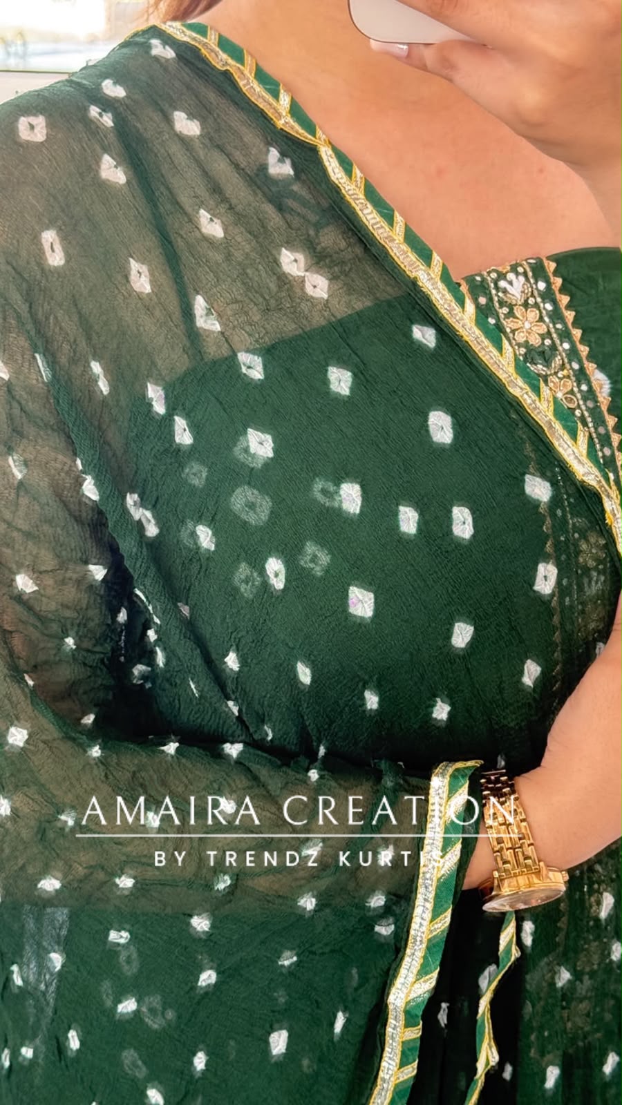 Premium Crepe Bottle Green Colour Bandhni Print Unstitched Suit
