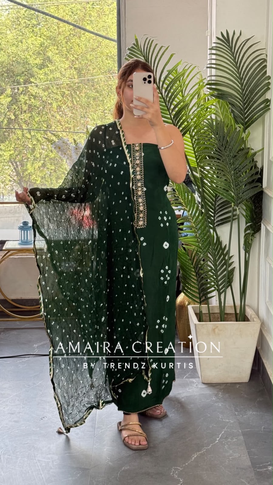 Premium Crepe Bottle Green Colour Bandhni Print Unstitched Suit