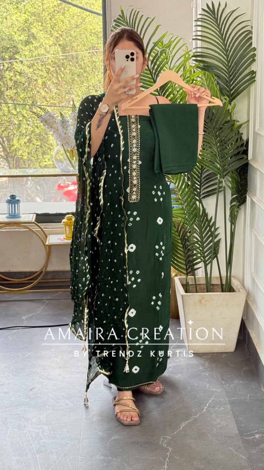 Premium Crepe Bottle Green Colour Bandhni Print Unstitched Suit