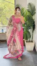 Premium Tissue Fabric Pink Colour Mirror Work Detailing Unstitched Suit