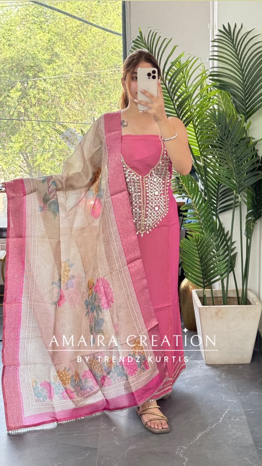 Premium Tissue Fabric Pink Colour Mirror Work Detailing Unstitched Suit