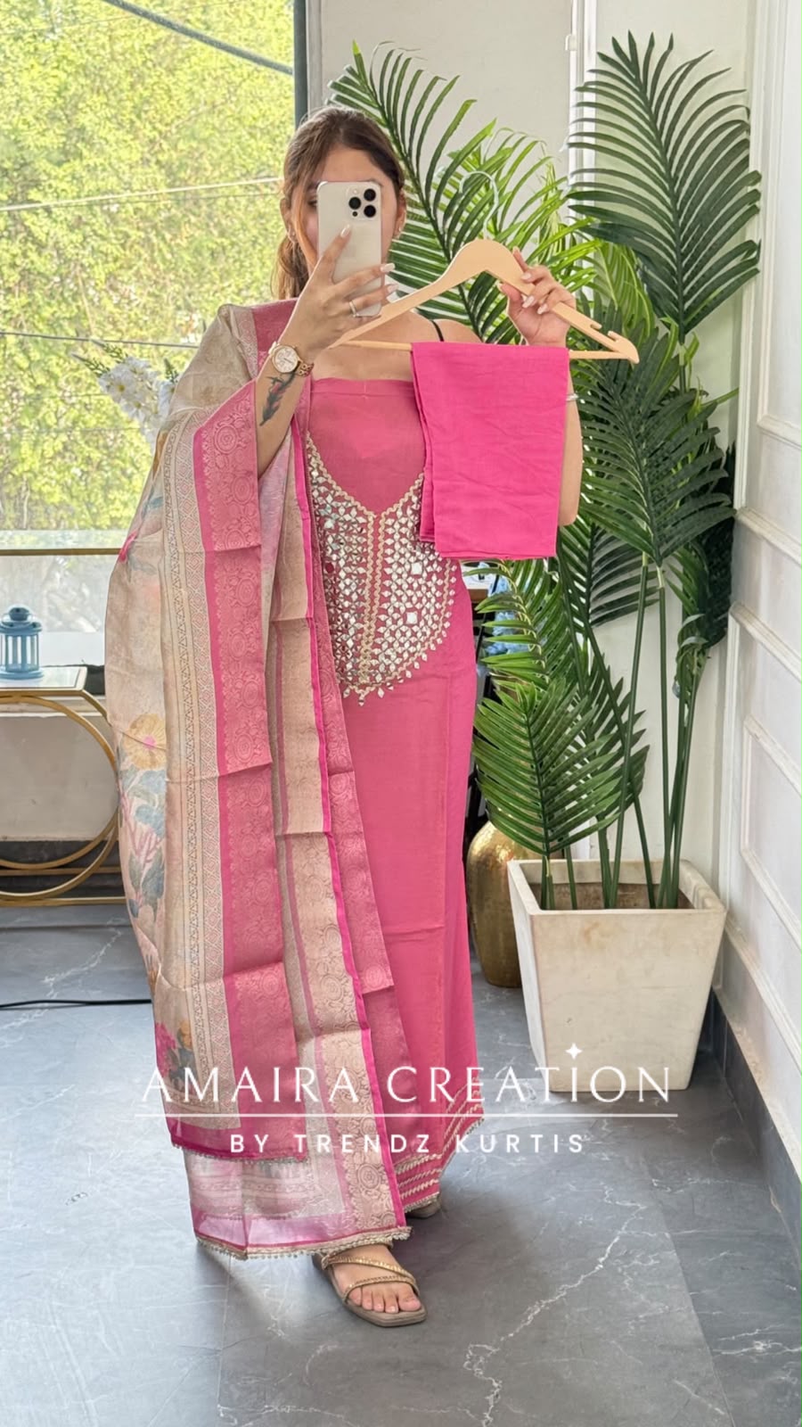 Premium Tissue Fabric Pink Colour Mirror Work Detailing Unstitched Suit