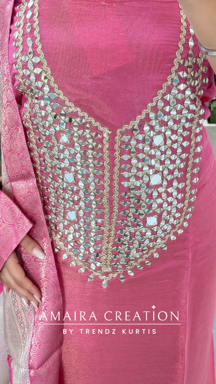Premium Tissue Fabric Pink Colour Mirror Work Detailing Unstitched Suit