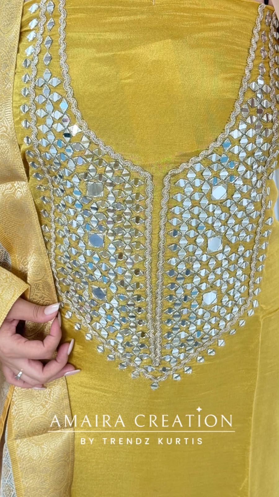 Premium Tissue Fabric Mustard Colour  Mirror Work Detailing Unstitched Suit