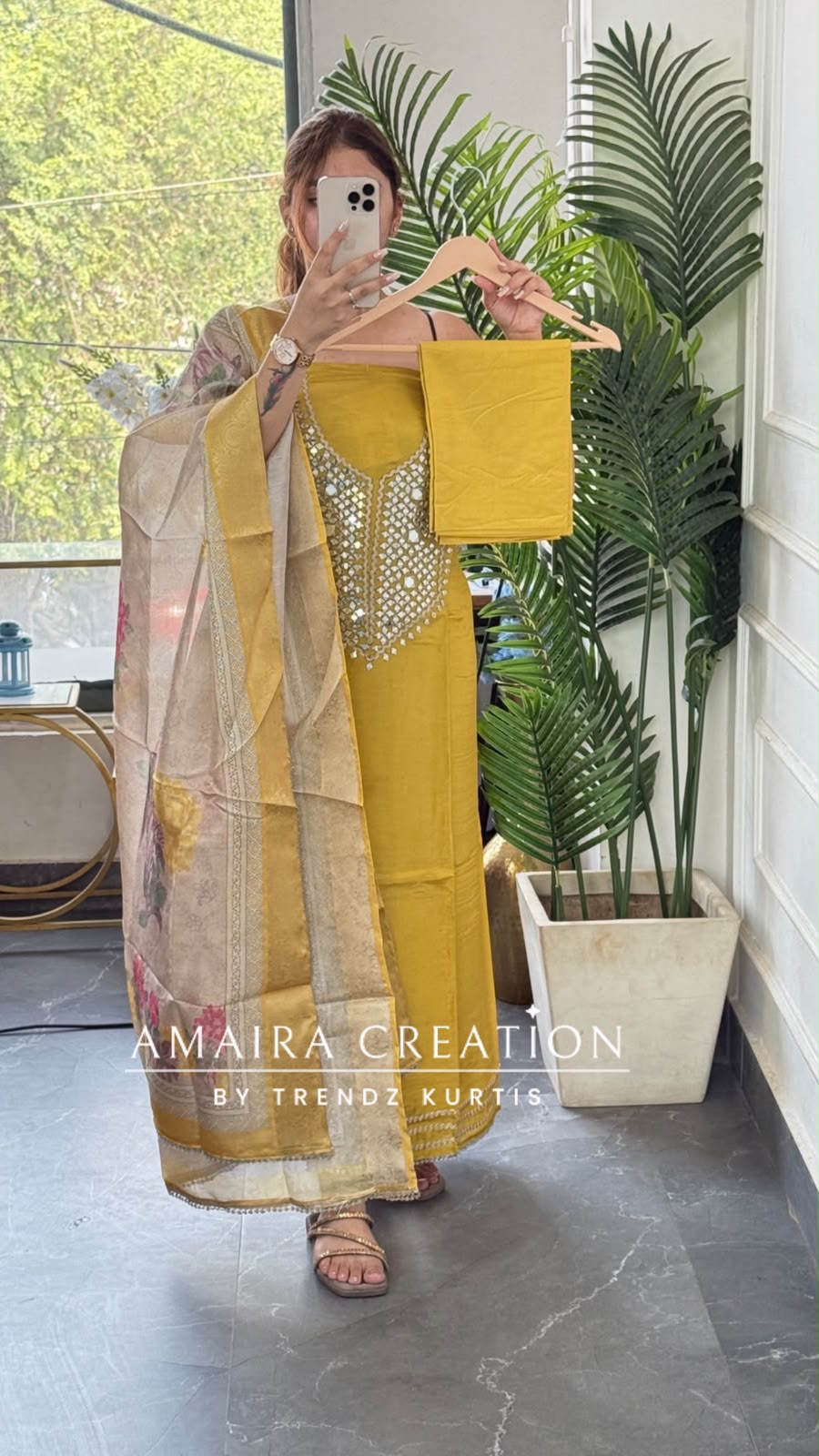 Premium Tissue Fabric Mustard Colour  Mirror Work Detailing Unstitched Suit