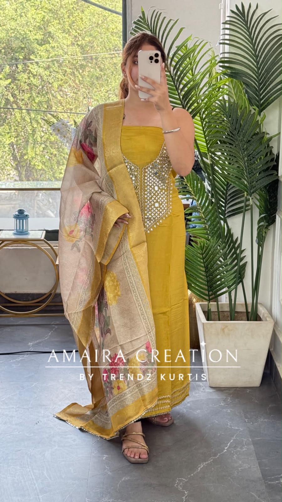 Premium Tissue Fabric Mustard Colour  Mirror Work Detailing Unstitched Suit