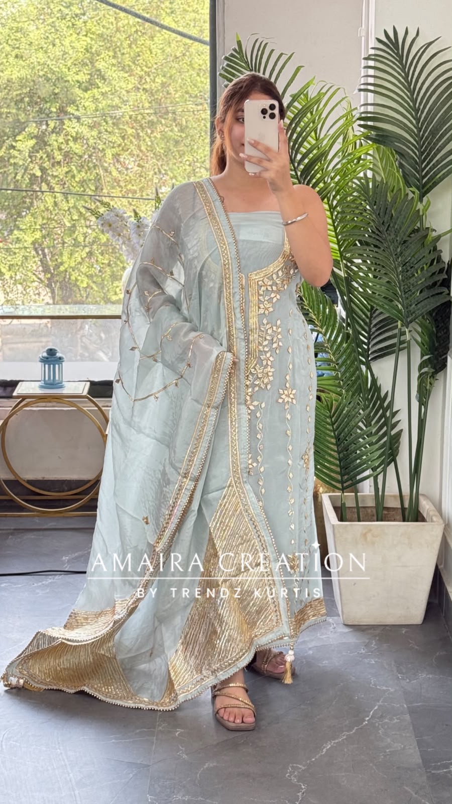Premium Organza Sky Colour Gotta Patti work unstitched Suit