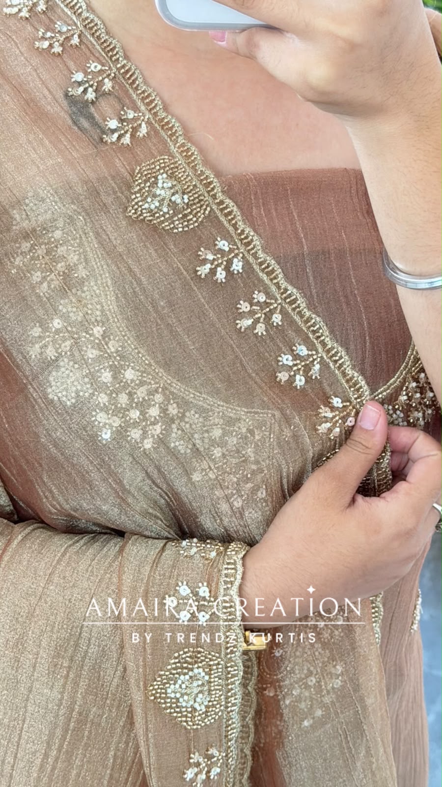Premium Crush Tissue Peach Colour Beautiful Work Detailing Unstitch Suit Top