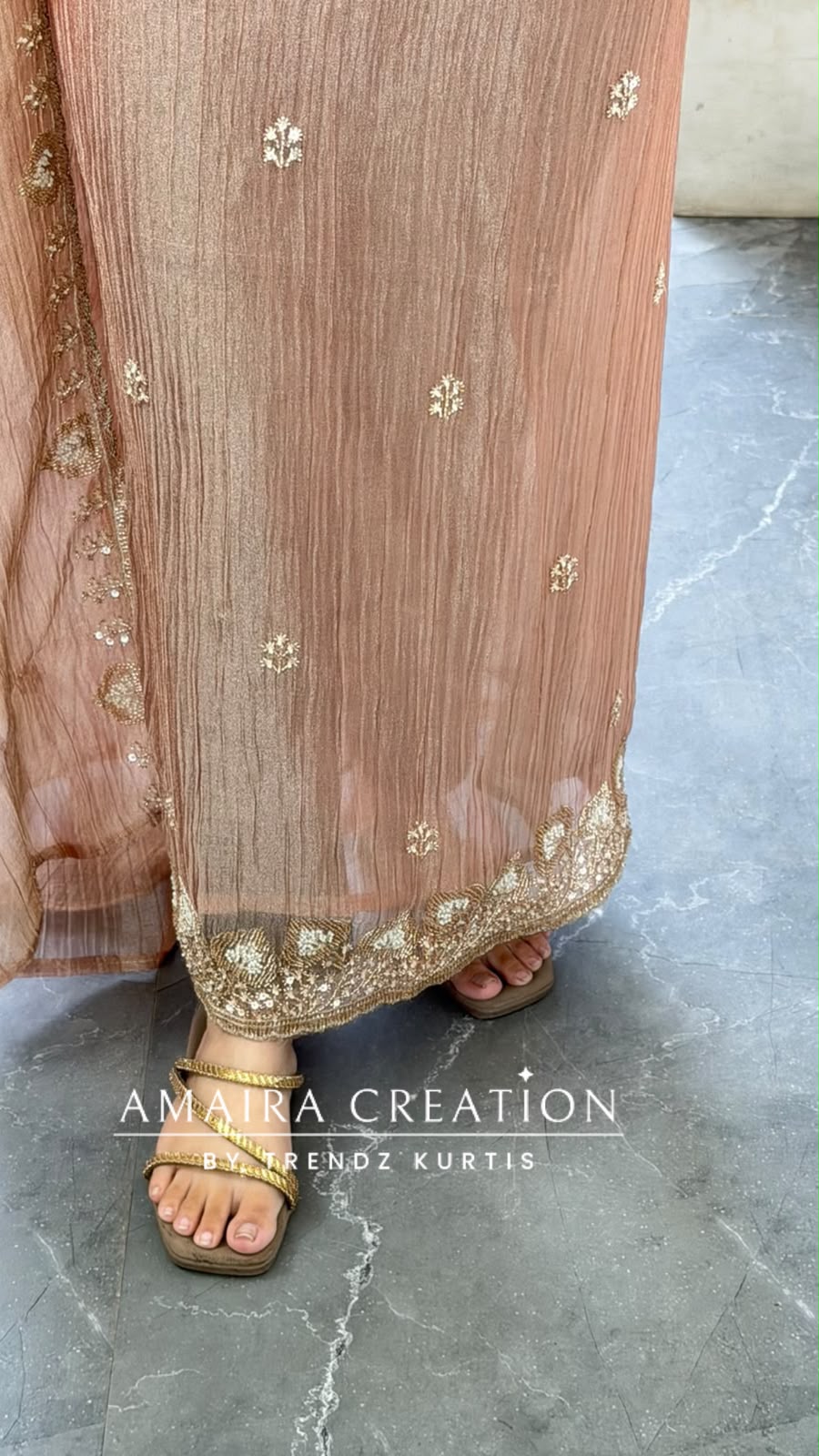 Premium Crush Tissue Peach Colour Beautiful Work Detailing Unstitch Suit Top