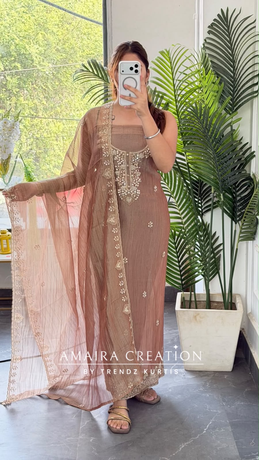 Premium Crush Tissue Peach Colour Beautiful Work Detailing Unstitch Suit Top