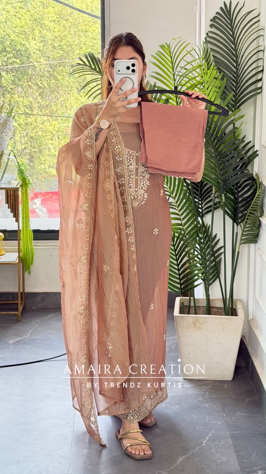 Premium Crush Tissue Peach Colour Beautiful Work Detailing Unstitch Suit Top