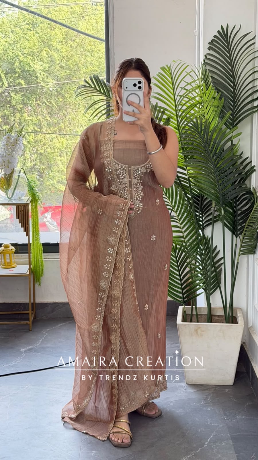 Premium Crush Tissue Peach Colour Beautiful Work Detailing Unstitch Suit Top