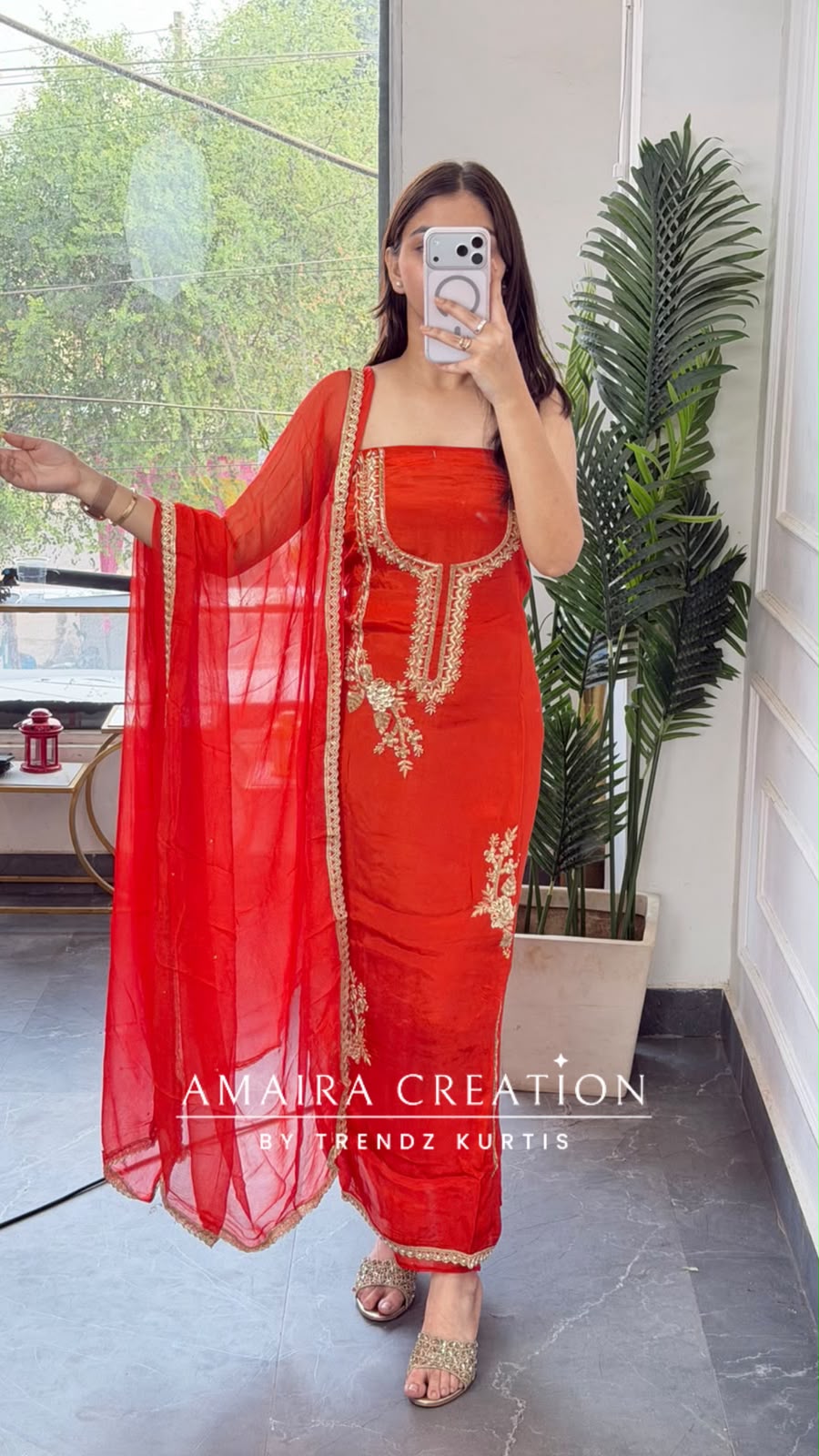 Premium Orgnaza Orange Colour Unstitch Suit With Chiffon Dupatta