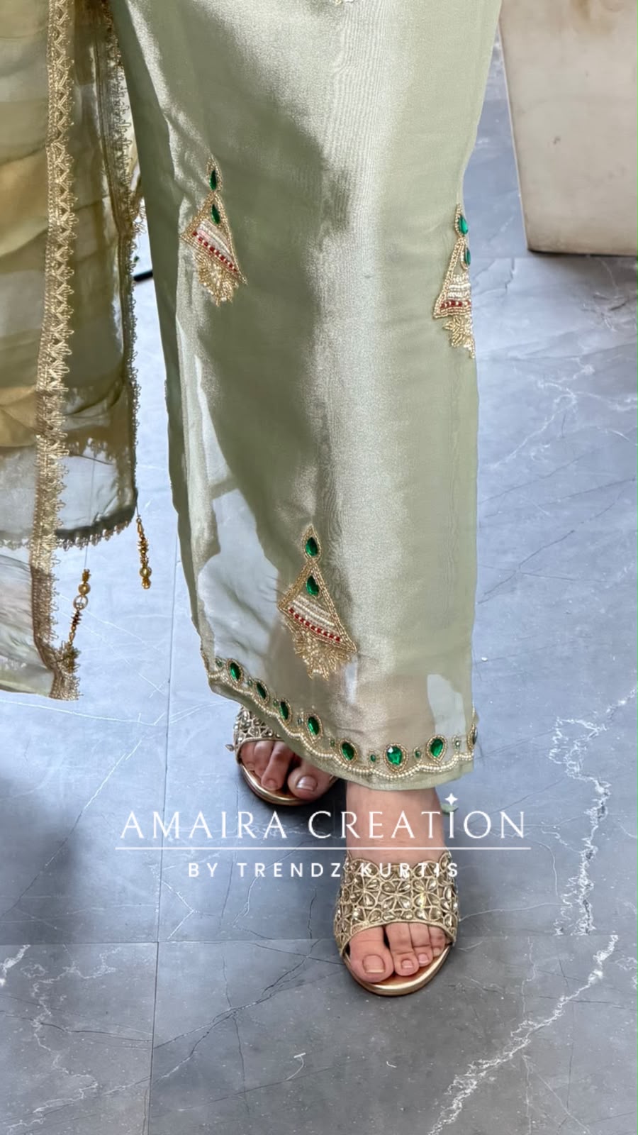 Premium Tissue Pista Colour Beautiful Gem Work Unstitch Suit