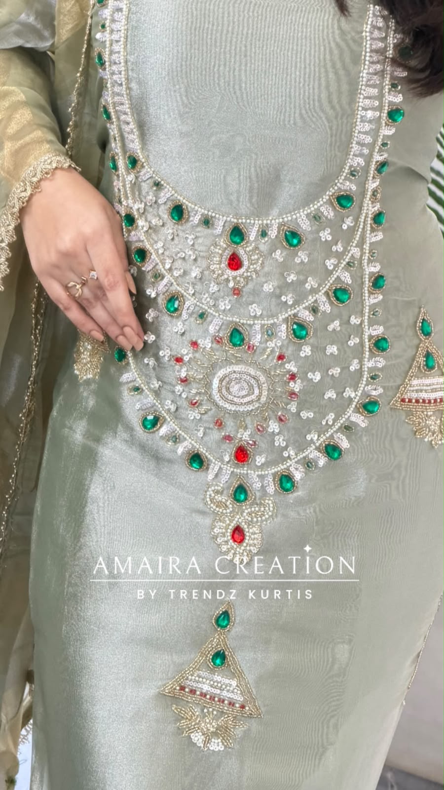Premium Tissue Pista Colour Beautiful Gem Work Unstitch Suit
