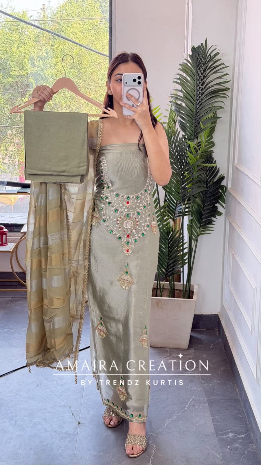 Premium Tissue Pista Colour Beautiful Gem Work Unstitch Suit
