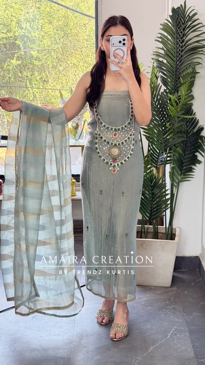 Premium Tissue Sea Green Colour Beautiful Gem Work Unstitch Suit