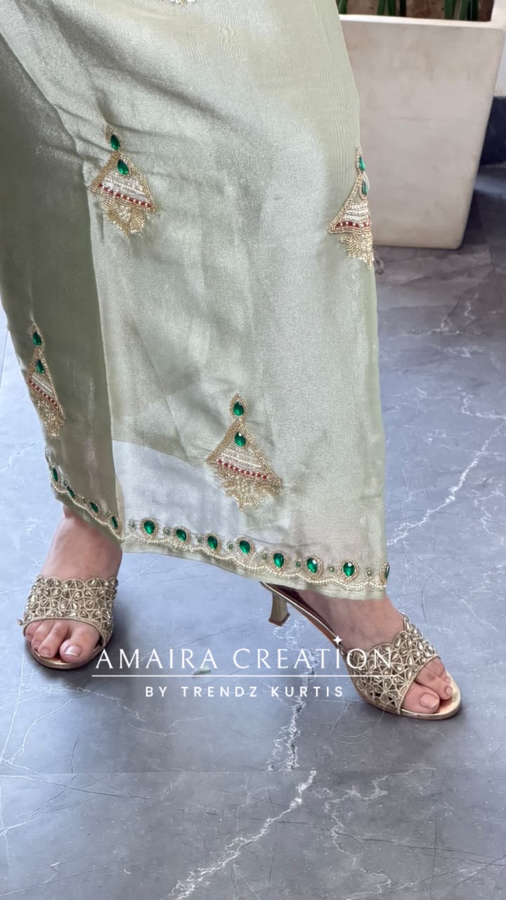 Premium Tissue Sea Green Colour Beautiful Gem Work Unstitch Suit
