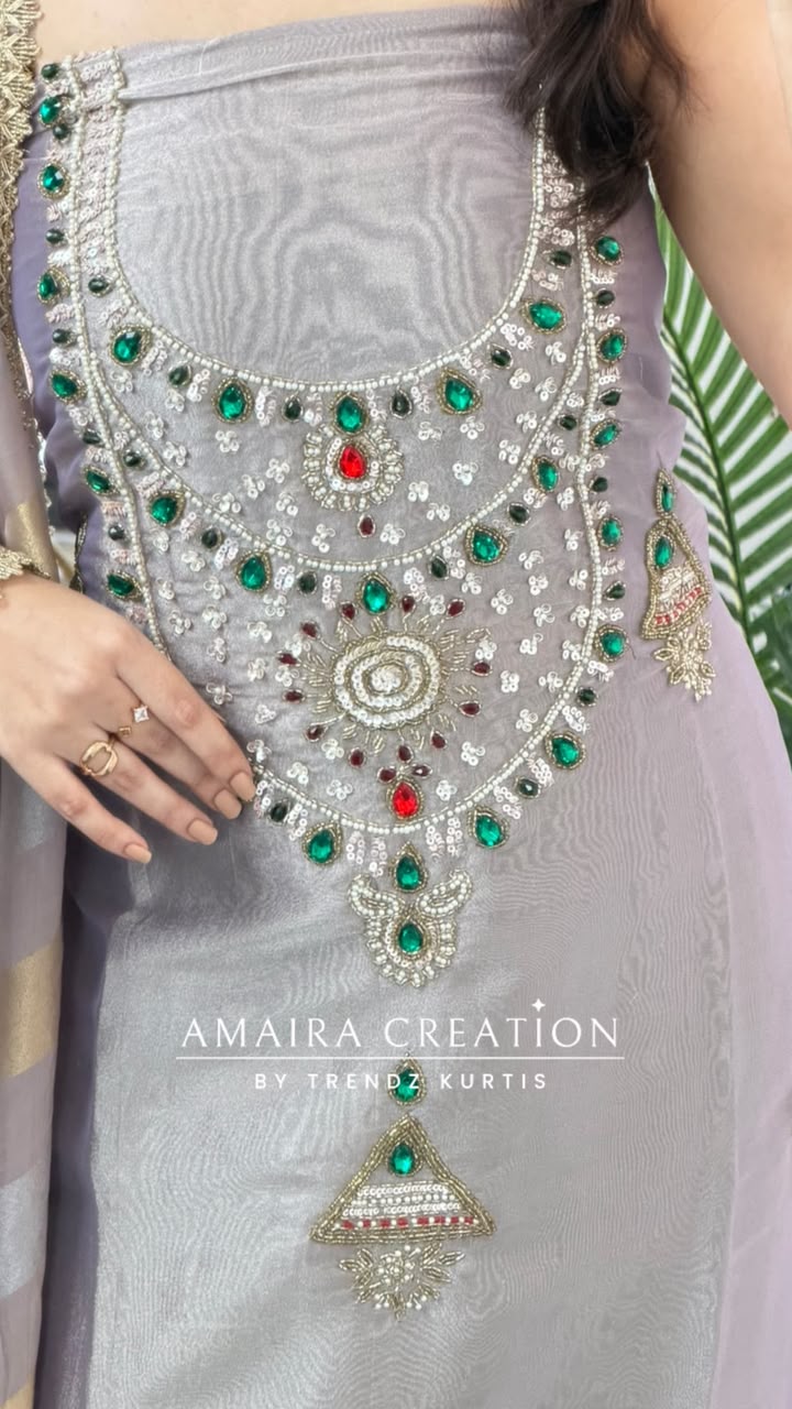 Premium Tissue Mauve Colour Beautiful Gem Work Unstitch Suit