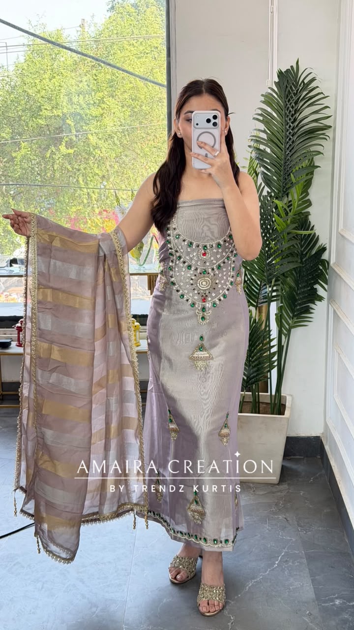 Premium Tissue Mauve Colour Beautiful Gem Work Unstitch Suit
