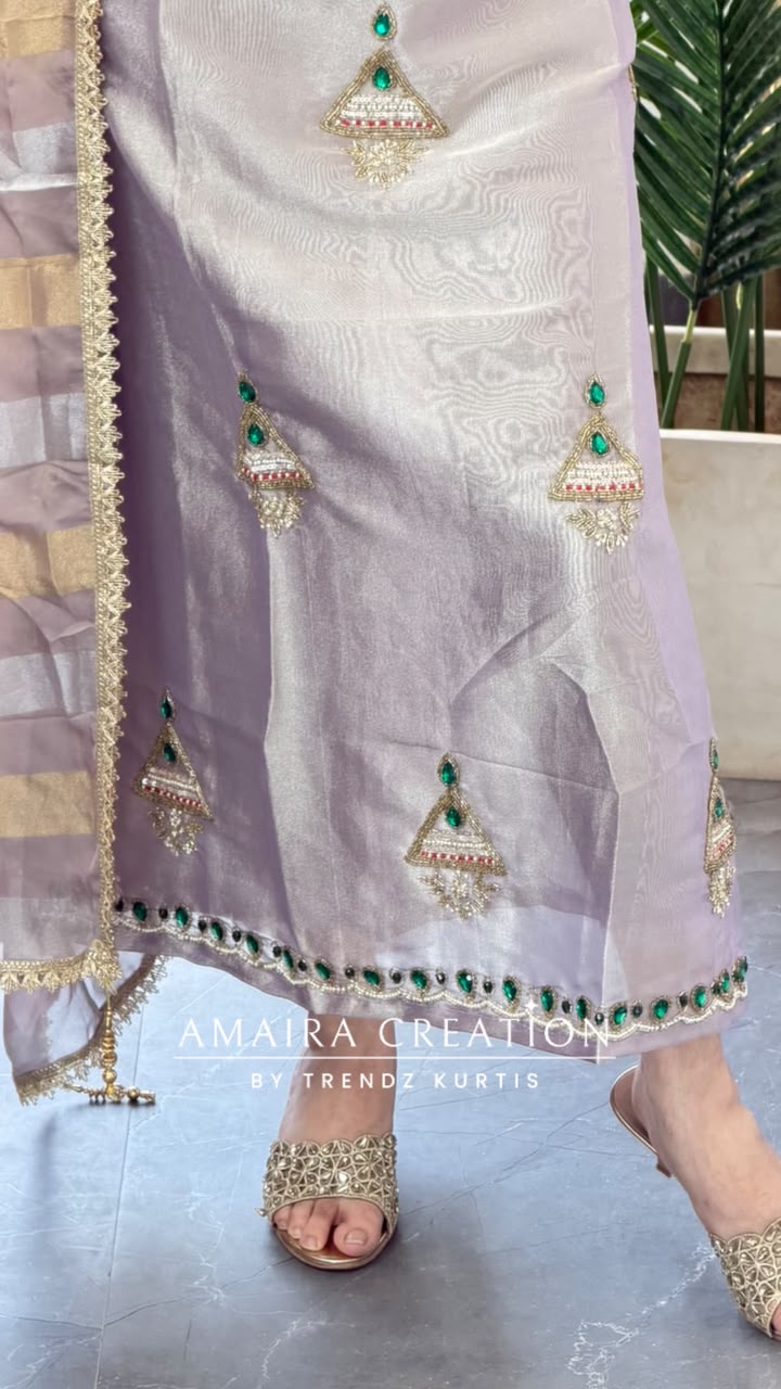Premium Tissue Mauve Colour Beautiful Gem Work Unstitch Suit