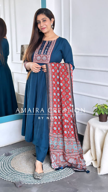 T- Blue Color Anarkali With Plazo Set & Printed Dupatta